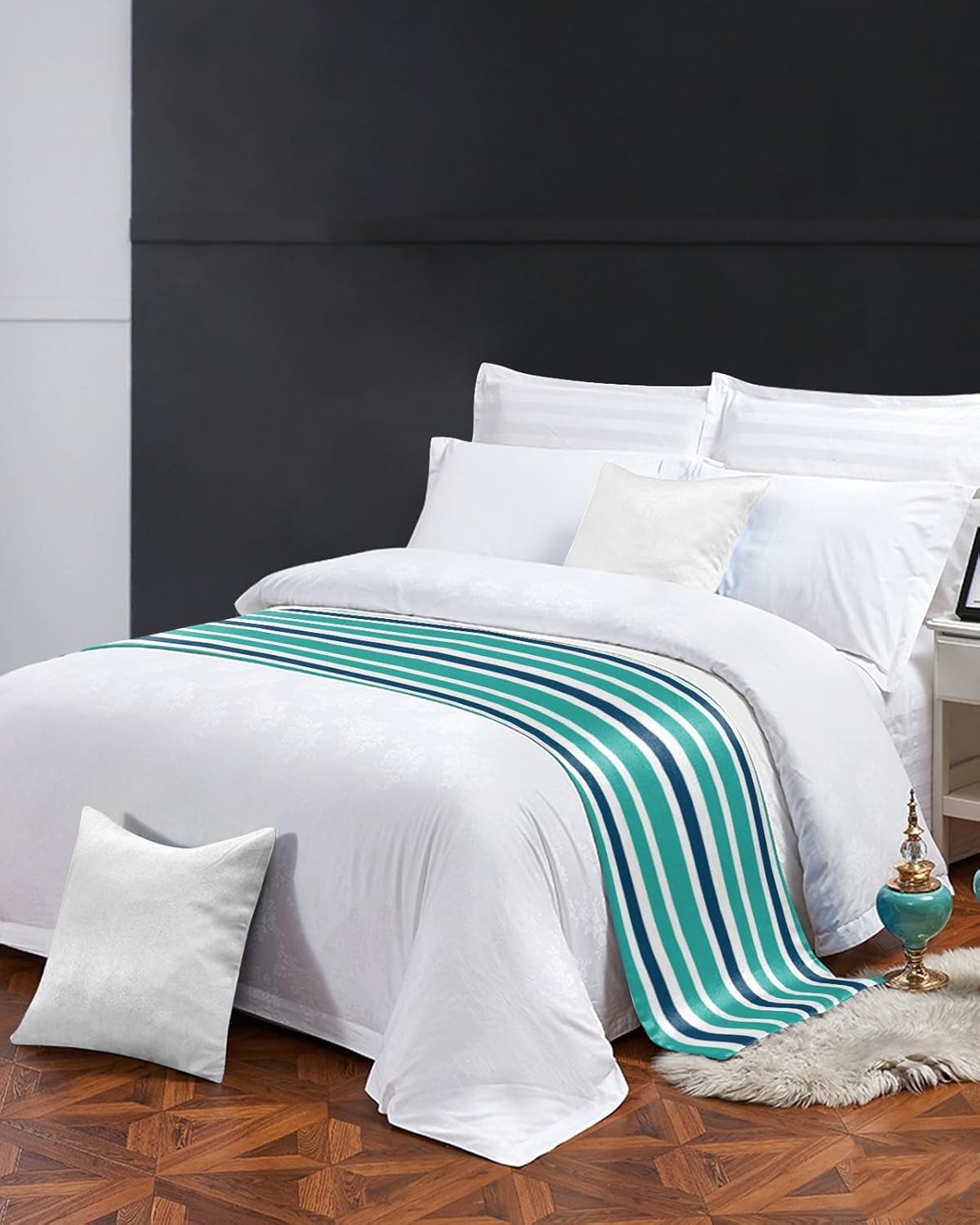 Bed Runners & Scarves, Teal and Navy Blue Stripes Bed Runner, Bed Scarf Protector Decorative Accent Bedding Scarf for Hotels Homes and Guestrooms, 83 x 20 inches