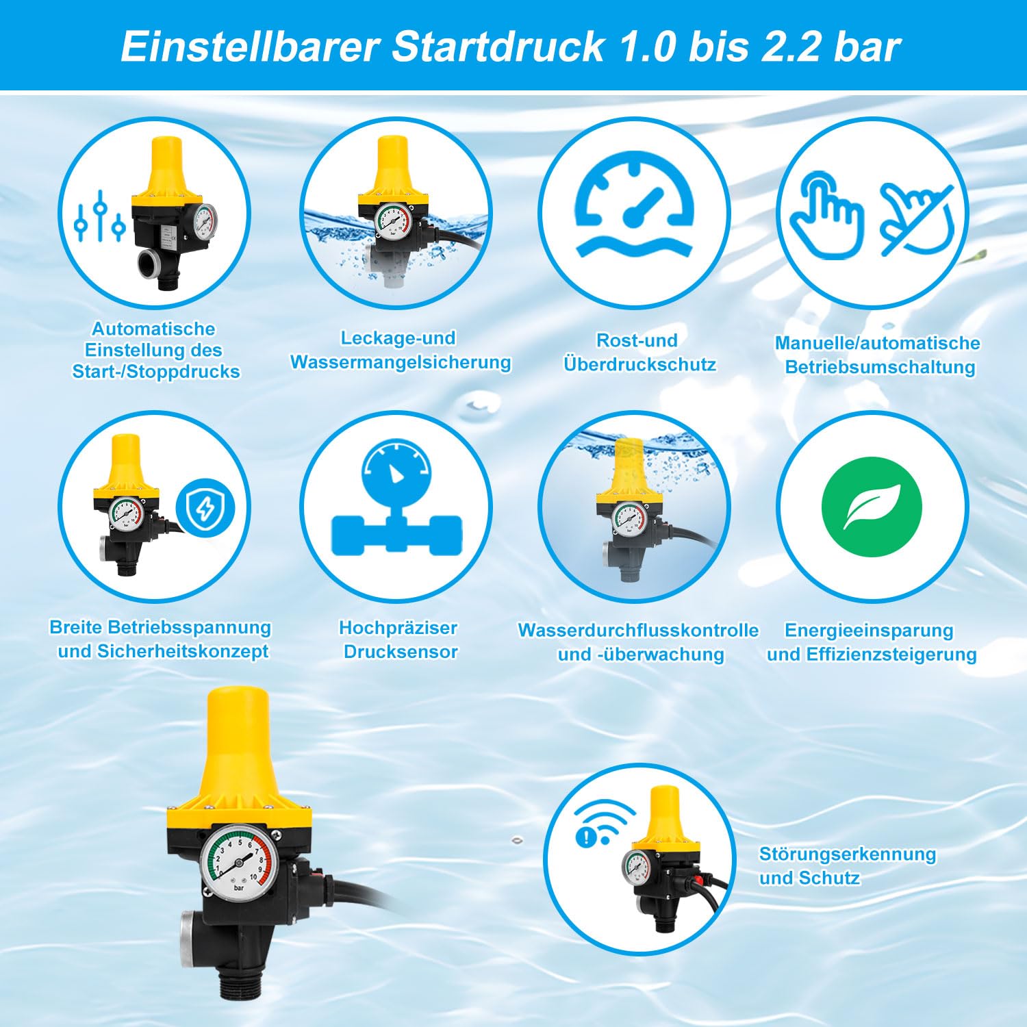 Control electrónico de la bomba 1100 W 9000 l/h, interruptor de presión para agua, 10 bares de presión con cable, interruptor de presión IP65 para bombas de agua (1,5-3 bares)