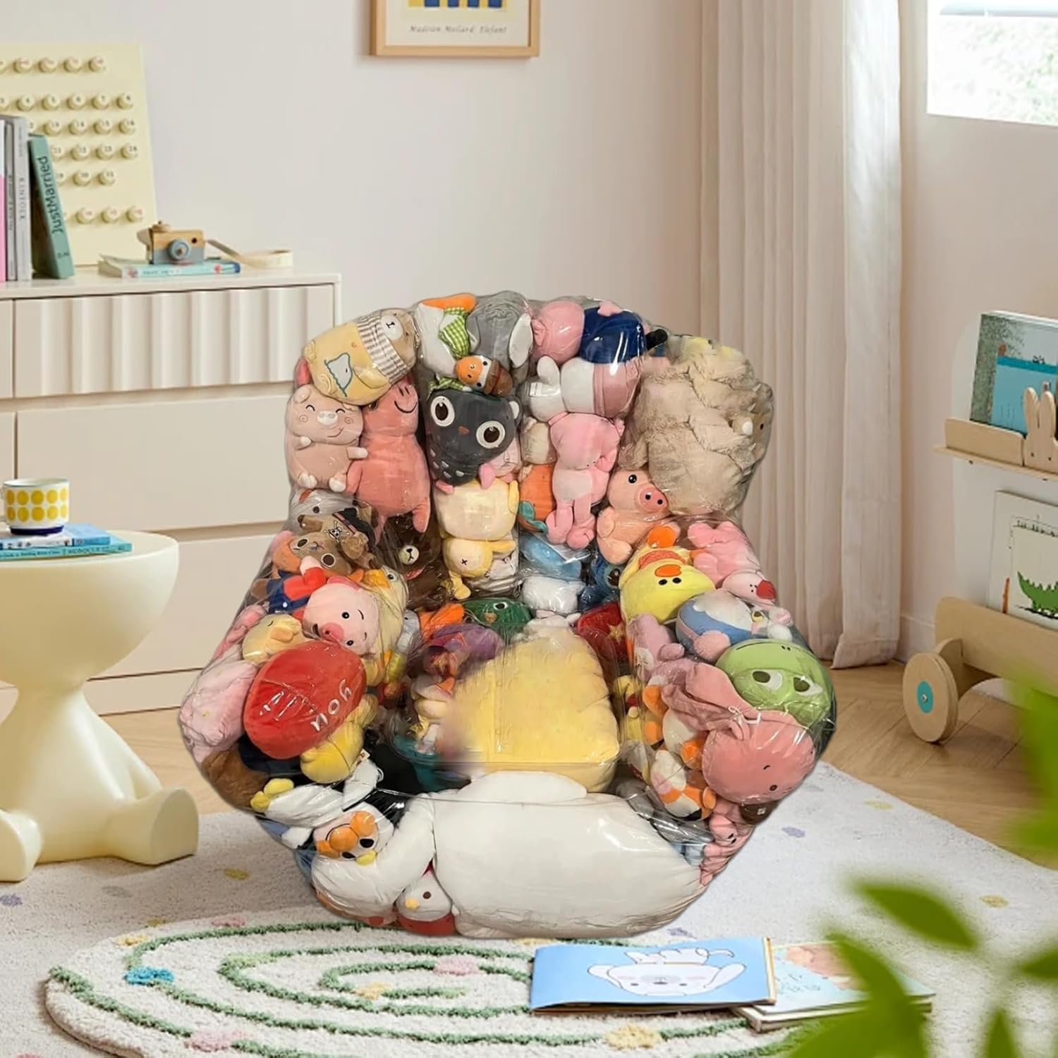 Bean Bag Stuffed Animal Storage Waterproof PVC Clear Bean Bag with Zipper Stuffable for Kids Toddler Armchair for Organizing Kids Rooms