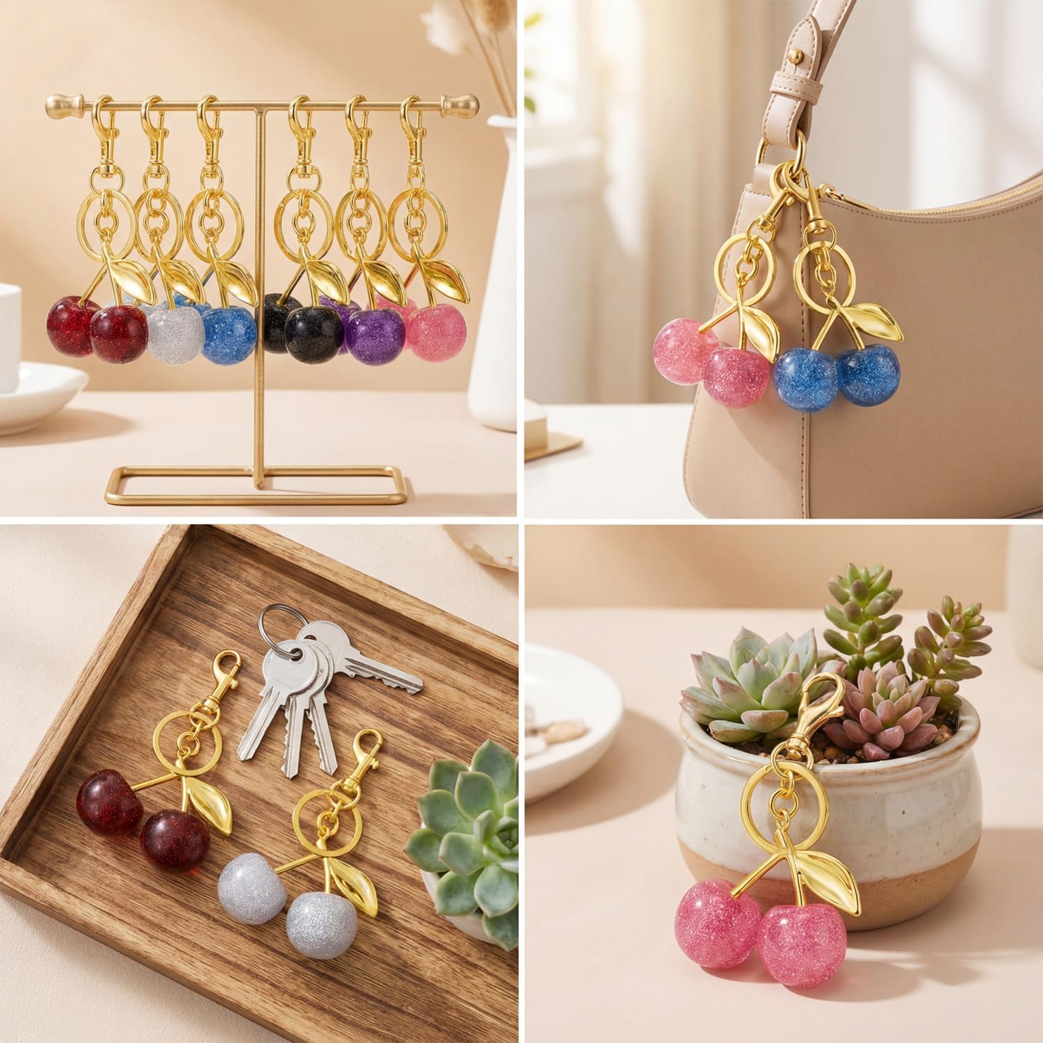 12 Pcs Glitter Cherry Bag Charm Set Gold and Silver Cute Bling Cherry Keychain for Women Handbag Purse Black Pink Red Cherries Charms for Handbags Backpack Key Chain Accessories Llavero De Cereza - Image 4
