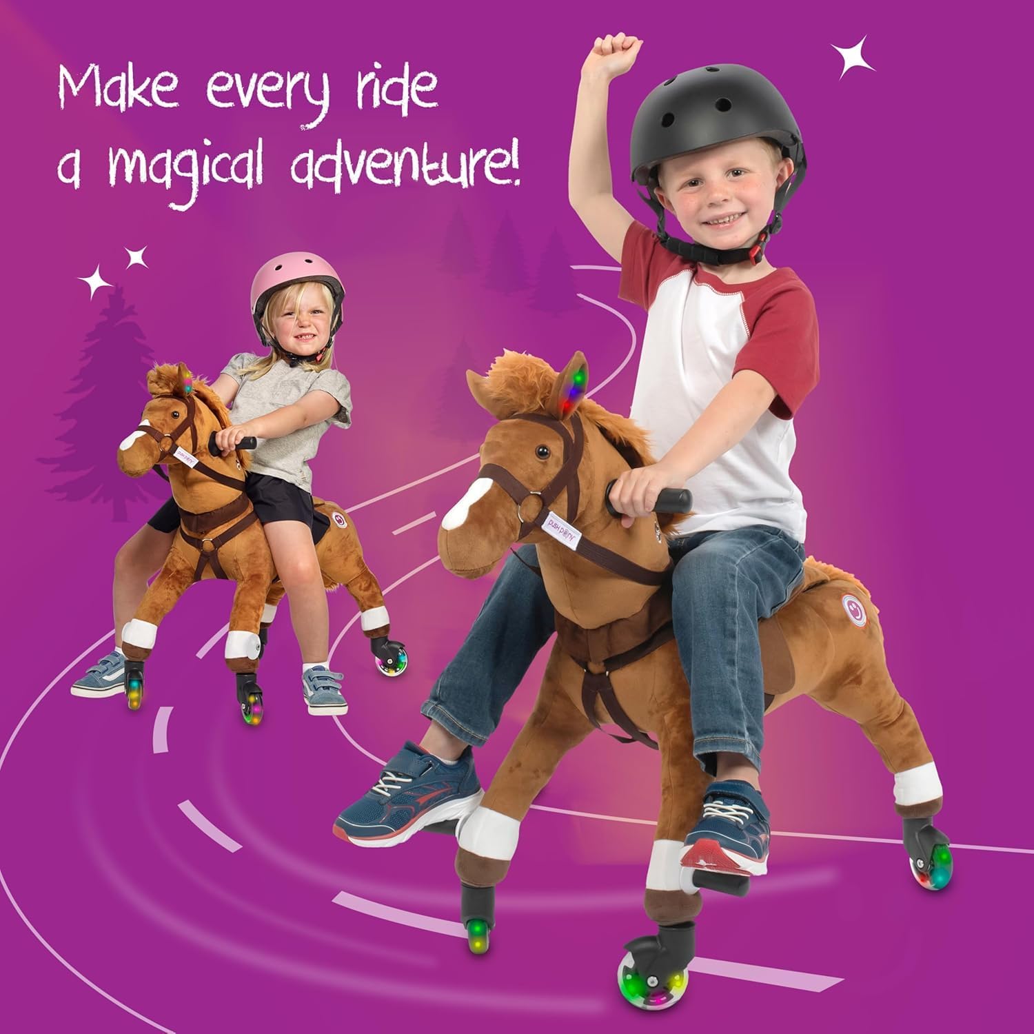 Power Pony Push Riding Horse (Champ-Brown) | Soft Plush Wheeled Ride-On Toy for Toddlers Age 2+
