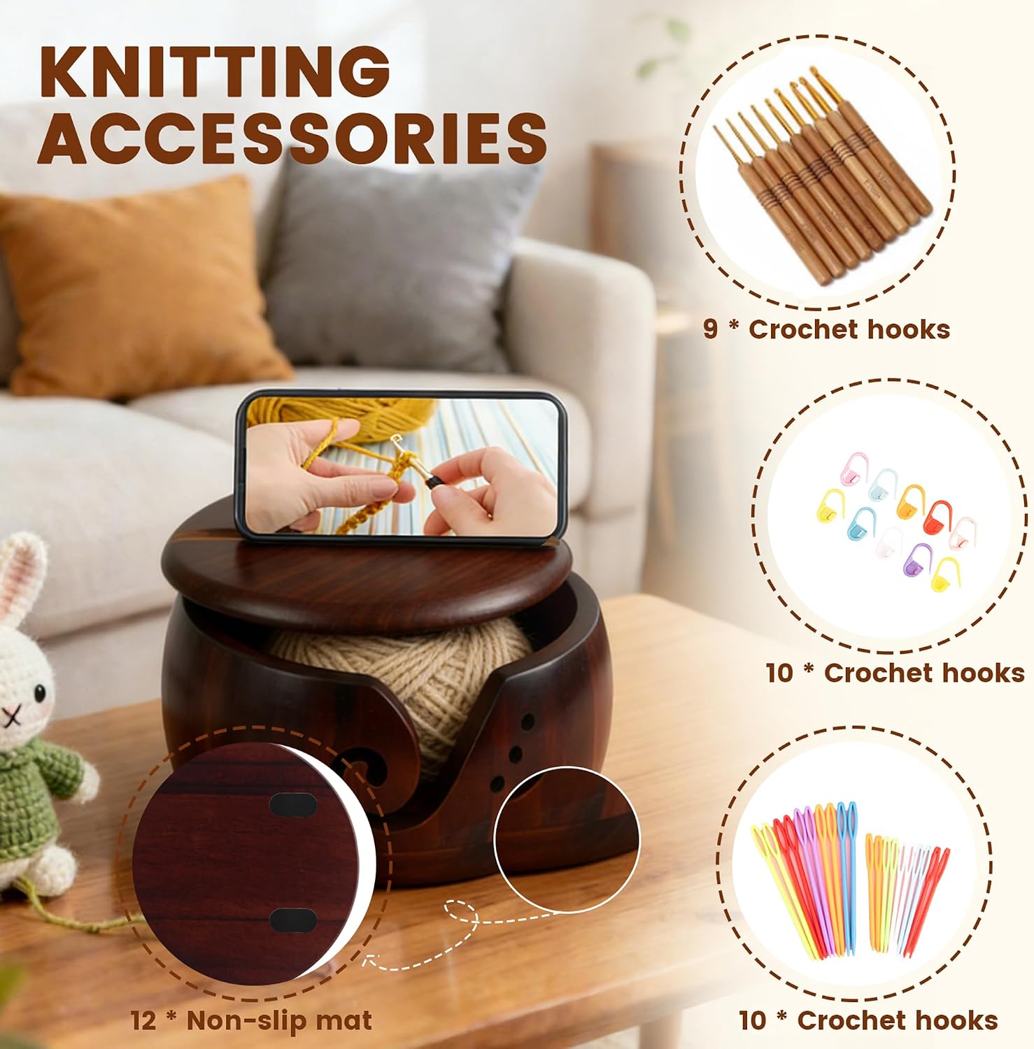 Wooden Yarn Bowl, Knitting Yarn Bowl with Holes 7.1x3.9in Large Crochet Yarn Holder Dispenser with Metal Knitting Hooks for DIY Hand Made Knitting String Lovers (Round)