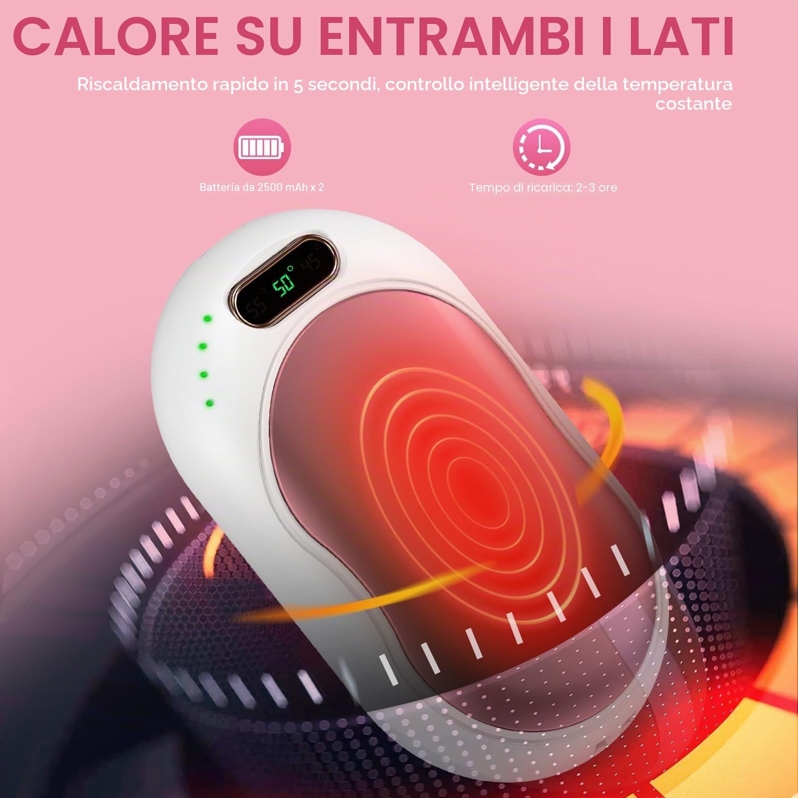 Scaldamani Ricaricabile 5000mAh Scaldamani Elettrico Magnetico Divis Riutilizzabile Scalda Mani Elettrici 3 Livelli di Riscaldamento Fino a 55℃ per Sport all'Aria Aperta e Regalo Invernale (Oro Rosa)