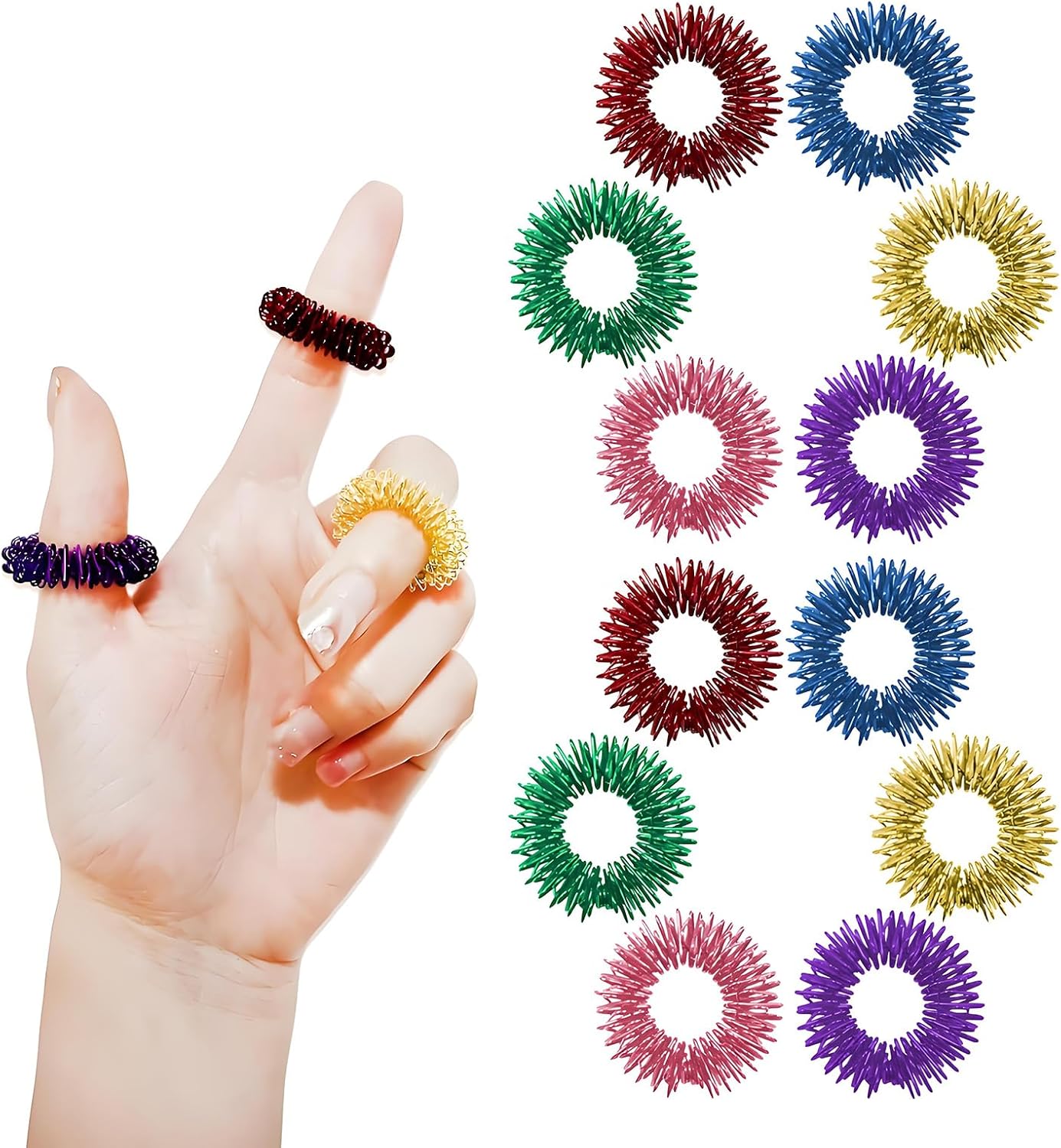 12PCS Acupressure Rings, 6 Colors Fidget Rings for Anxiety Relief, Silent Spiky Sensory Fidget Toys for Classroom Home Office Stress Reducer and Finger Massager