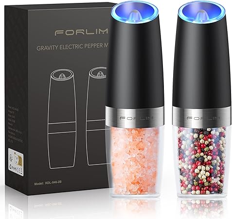 FORLIM Gravity Electric Salt and Pepper Grinder Set, Automatic Pepper Grinder Shakers Mill, Upgraded Batteries Powered Adjustable Coarseness with LED, One Hand Operation Perfect for Kitchen(Black)