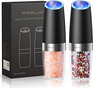 FORLIM Gravity Electric Salt and Pepper Grinder Set, Automatic Pepper Grinder Shakers Mill, Upgraded Batteries Powered Adjustable Coarseness with LED, One Hand Operation Perfect for Kitchen(Black)