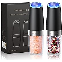 FORLIM Gravity Electric Salt and Pepper Grinder Set, Automatic Pepper Grinder Shakers Mill, Upgraded Batteries Powered Adjustable Coarseness with LED, One Hand Operation Perfect for Kitchen(Black)