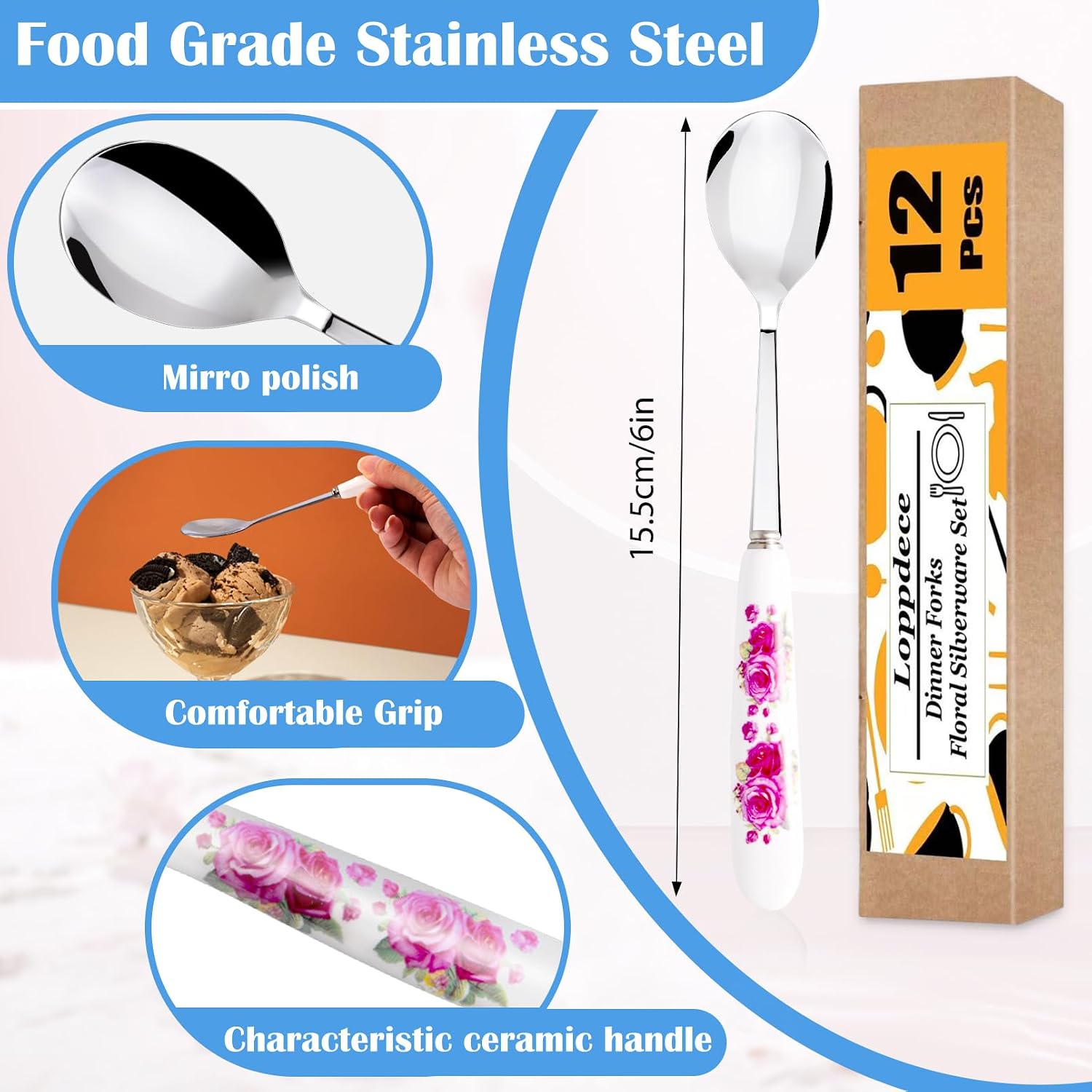 12Pcs Floral Stainless Steel Spoons with Ceramic Handle, Ice Cream & Dessert Spoons, Silverware Set (12 Floral Patterns)