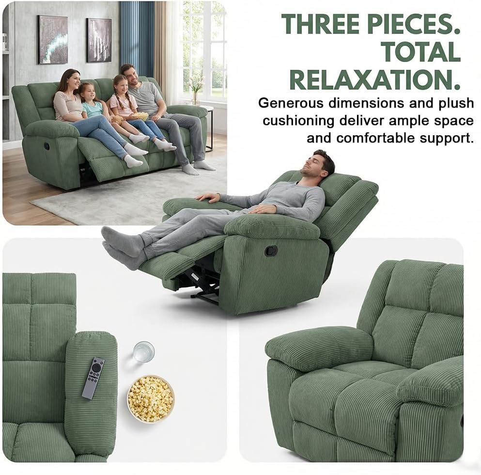 Manual Recliner Sofa Set,Corduroy Reclining Couch Set,Modern Living Room Furniture Set,Reclining Sofa Couch Chair for Living Room Home Office(Green,3 Pieces Set)