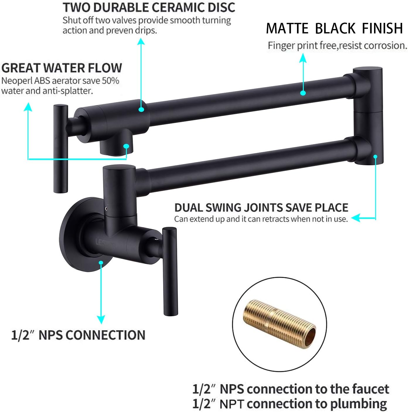 Hоttеѕt Sаlе LEETCP Pot Filler Faucet Wall Ount, Brass Material, Matte Black Color, with Double Joint Swing Arms, 2 Handles with 2 Cartridges to Control Water (Style Matte Black)