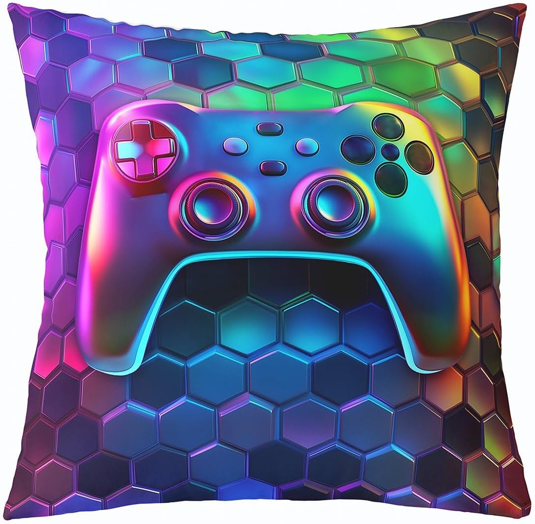 Video Games Throw Pillow Cover Geometric Gamer Controller Double Sides Print Squar Pillow Cover, Gaming Gamepad Cushion Cover for Bed Couch Sofa, Kids Boys Teens Room Decor, Single Pack 20"x20"