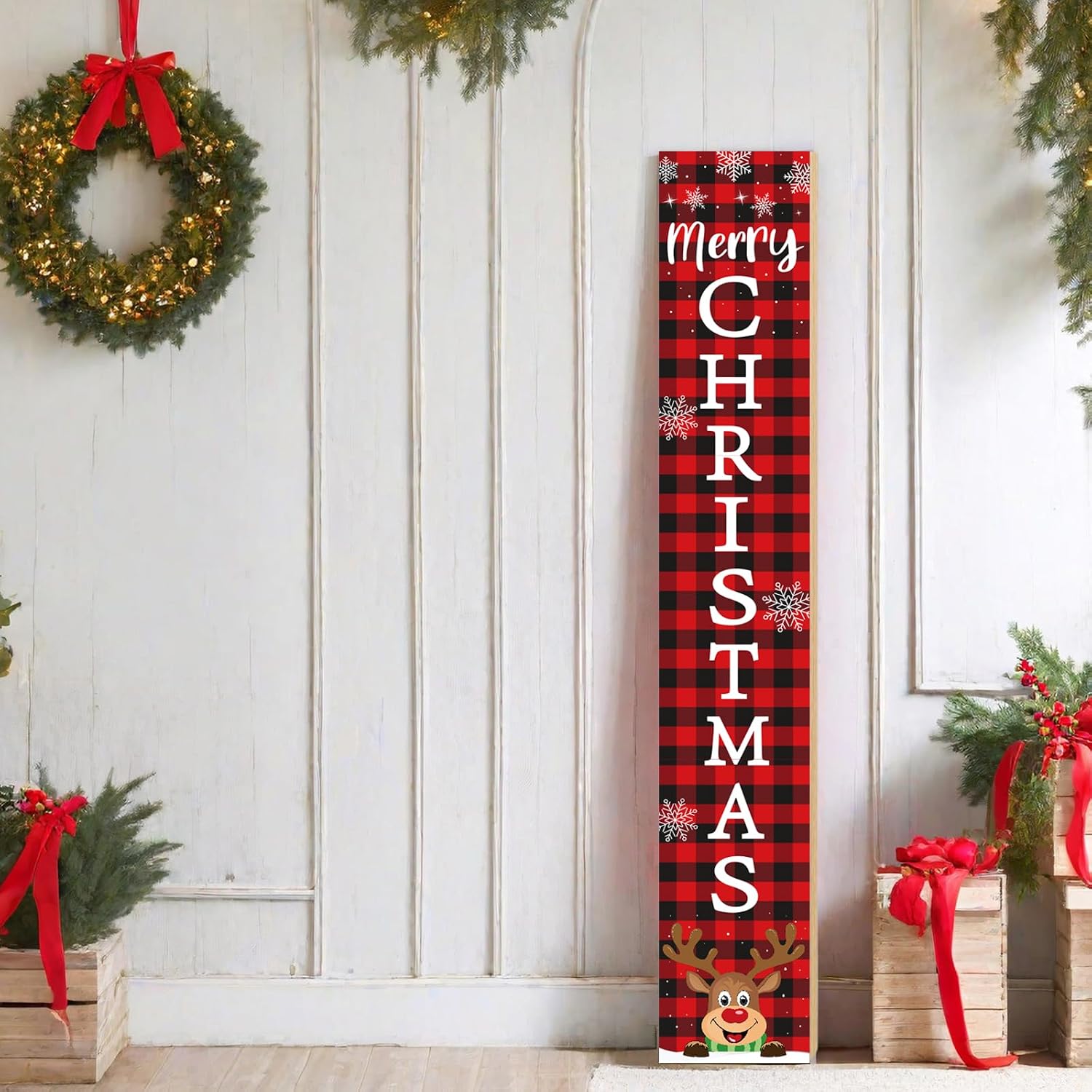 Christmas Porch Sign Merry Christmas Porch Decor Outdoor Decorations Reindeer Red Buffalo Plaid Wooden Door Decorations Indoor Outside Welcome Sign for Front Door 46.8 Inch
