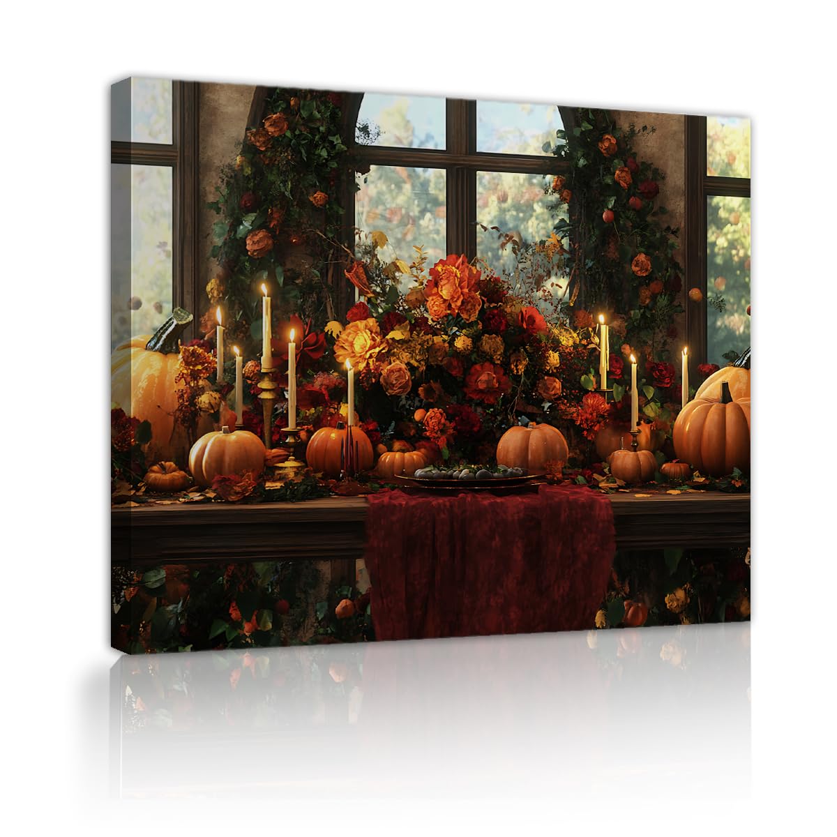 SHENGPOSTER Thanksgiving Canvas Wall Art Autumn Pumpkin Floral Painting Cozy Dining Room Poster Rustic Fall Harvest Pictures Kitchen Wall Decor Innerframe 70x90cm