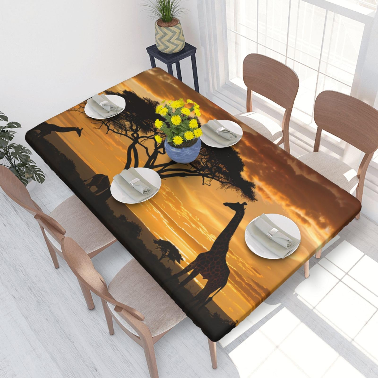 DCARSETCV Giraffe and trees at dusk in Africa Printed 4FT Waterproof Tablecloth with Elastic Edged Protect & Decor Your Table, Oil-proof Washable Table Cloth Cover for Dinner Picnic Party