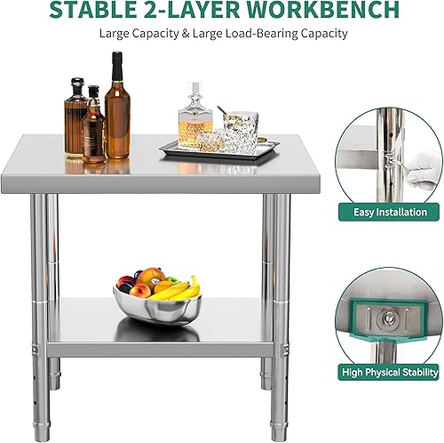 Miniatura 5 de YITAHOME Mesa de acero inoxidable, mesa de trabajo de 30 x 24 pulgadas, 2 estantes, mesa de preparación de mesa de metal para el hogar, cocina,