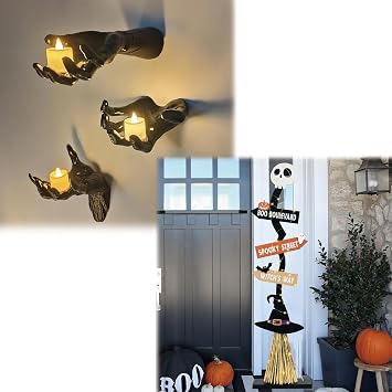 DAZONGE Halloween Decorations, Wall Mounted Creepy Reaching Hands &Lighted Wooden Witchs Broom for Indoor Outdoor Porch Yard Decor