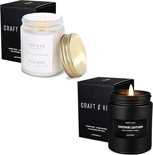 Velas perfumadas para hombres | Paquete de velas perfumadas vintage de cuero y Palo Santo | Velas de otoño para hombres | Velas de soja para el