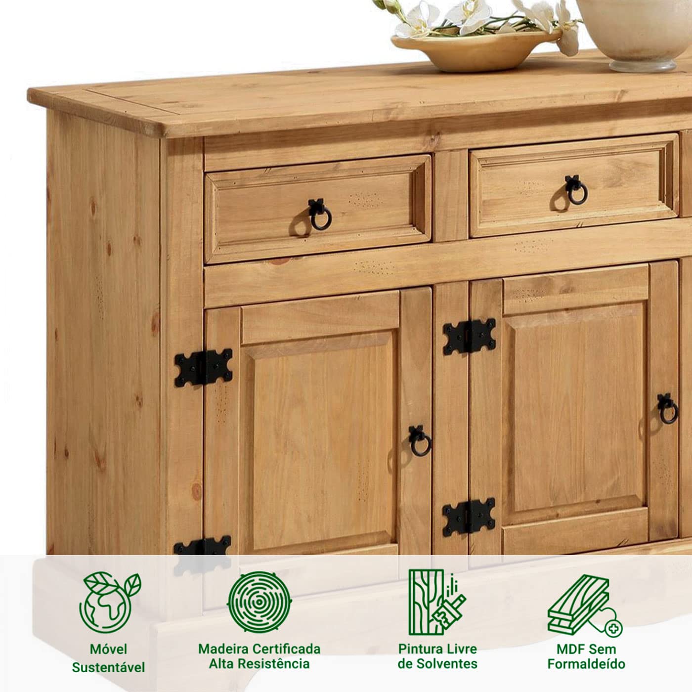 IDIMEX Buffet Salle à Manger Tequila en Bois L 154 cm avec 3 Portes battantes et 3 tiroirs spacieux, Style Mexicain, Meuble de Rangement, Structure Robuste et Finition élégante, Coloris teinté ciré