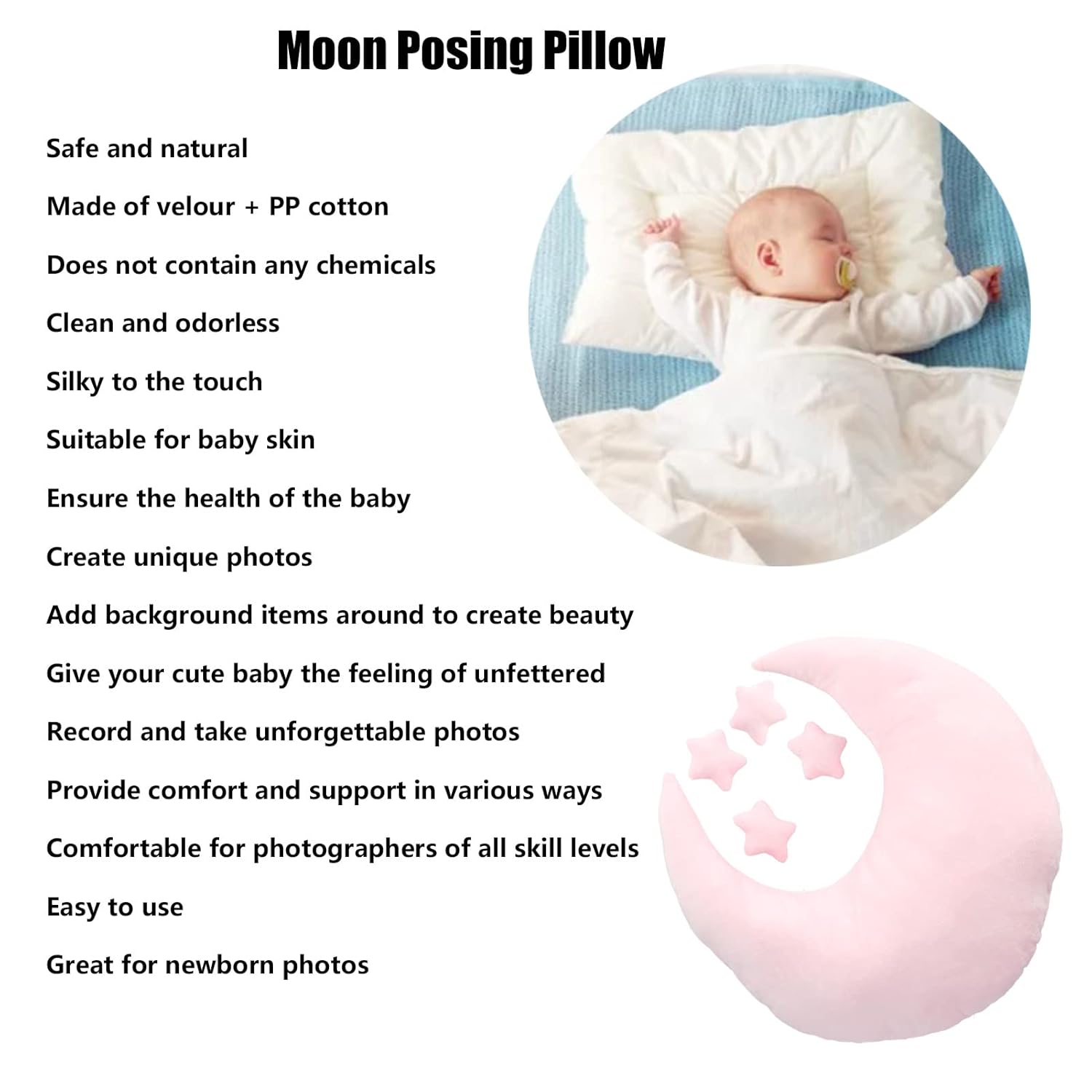 Newborn Photography Props, Crescent Moon Pillow for Newborns, Soft Newborn Photography Posing Pillowswith Moon and Star Celestial Decor for Infant Photography (Pink)