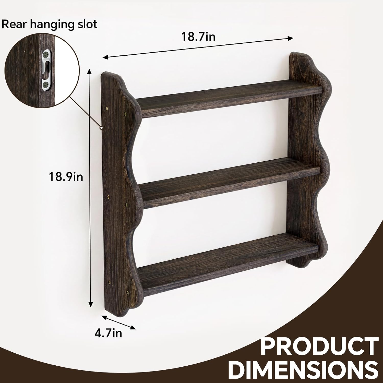 3-Tier Solid Wood Wall Shelf, Scalloped Edge Floating Shelves Wall Mounted, Vintage Rustic Decorative Display Shelf for Trinket & Figurine, Farmhouse Home Decor for Living Room, Bedroom, Bathroom