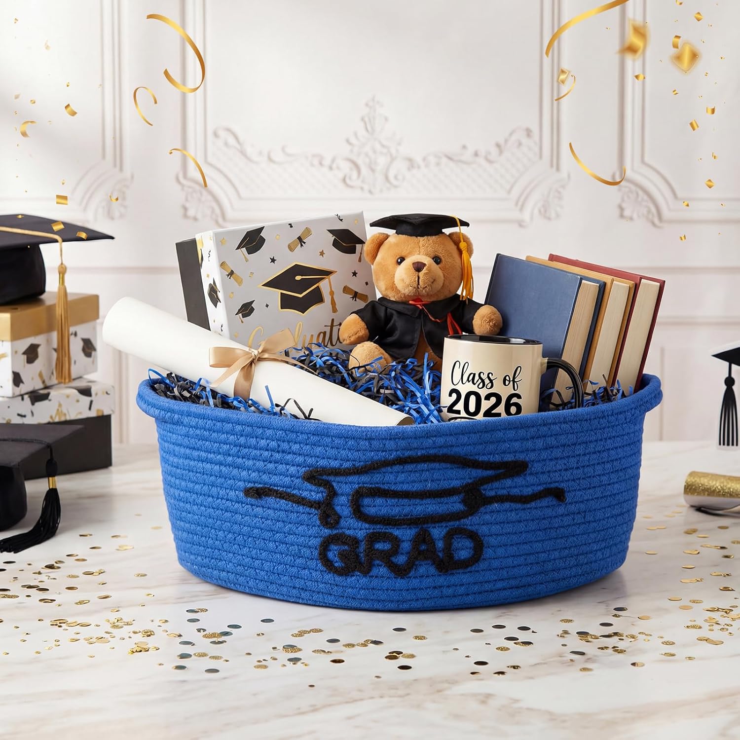 Colingmill 2 Pack Class of 2026 Graduation Empty Gift Basket 14''x10''x5.5'' Woven Rope Basket Empty to Fill with Grad Design Bag Ribbon Card Tassel, Decorative DIY Congrat Gift(Royal Blue and Black)