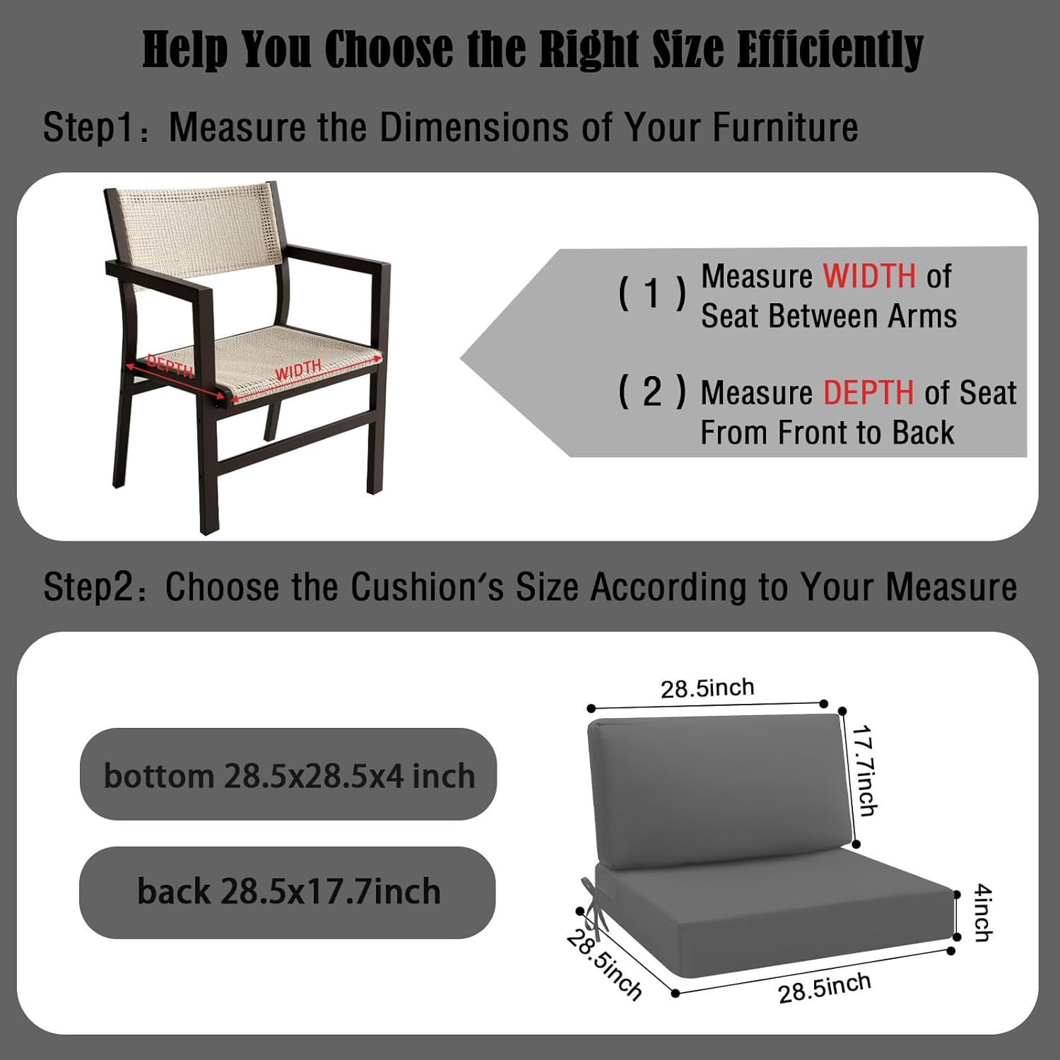 idee-home Outdoor Cushions for Patio Furniture, Outdoor Seat Cushion, Waterproof Hampton Bay Deep Seat Replacement Couch Chair Cushions for Garden Lawn Backyard Deck, Grey 28.5 x 28.5