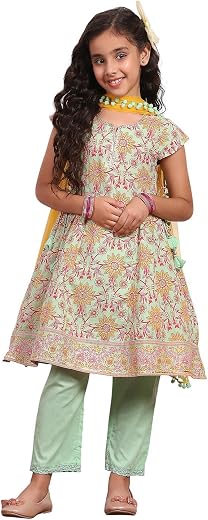 Biba Girls 100% Cotton Short Sleeve Floral Print Flared Kurta Set