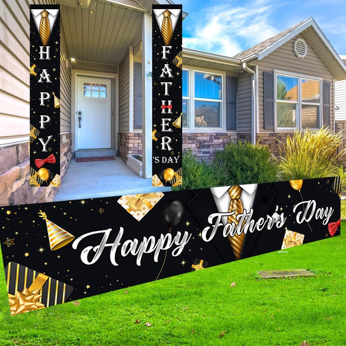 Photo 1 of 2PCS Large Happy Father's Day Banners for Father's Day Party Decorations,2026 Black Yard Sign Banner for Outdoor Indoor Front Door Fence Porch Banner,Best Dad Ever Party Supply Wall Hanging Decoration