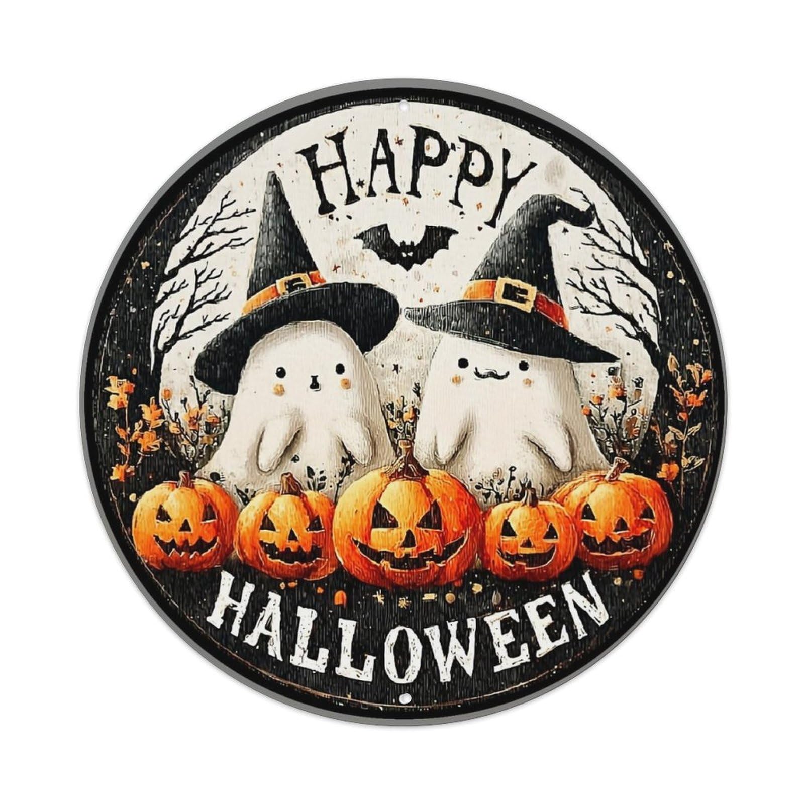 Happy Halloween Ghosts Pumpkins Bats Vintage Round Tin Sign Retro Metal Wall Decor Metal Poster, Home Bar Garage Cafe Wall Art Decoration 8x8Inches