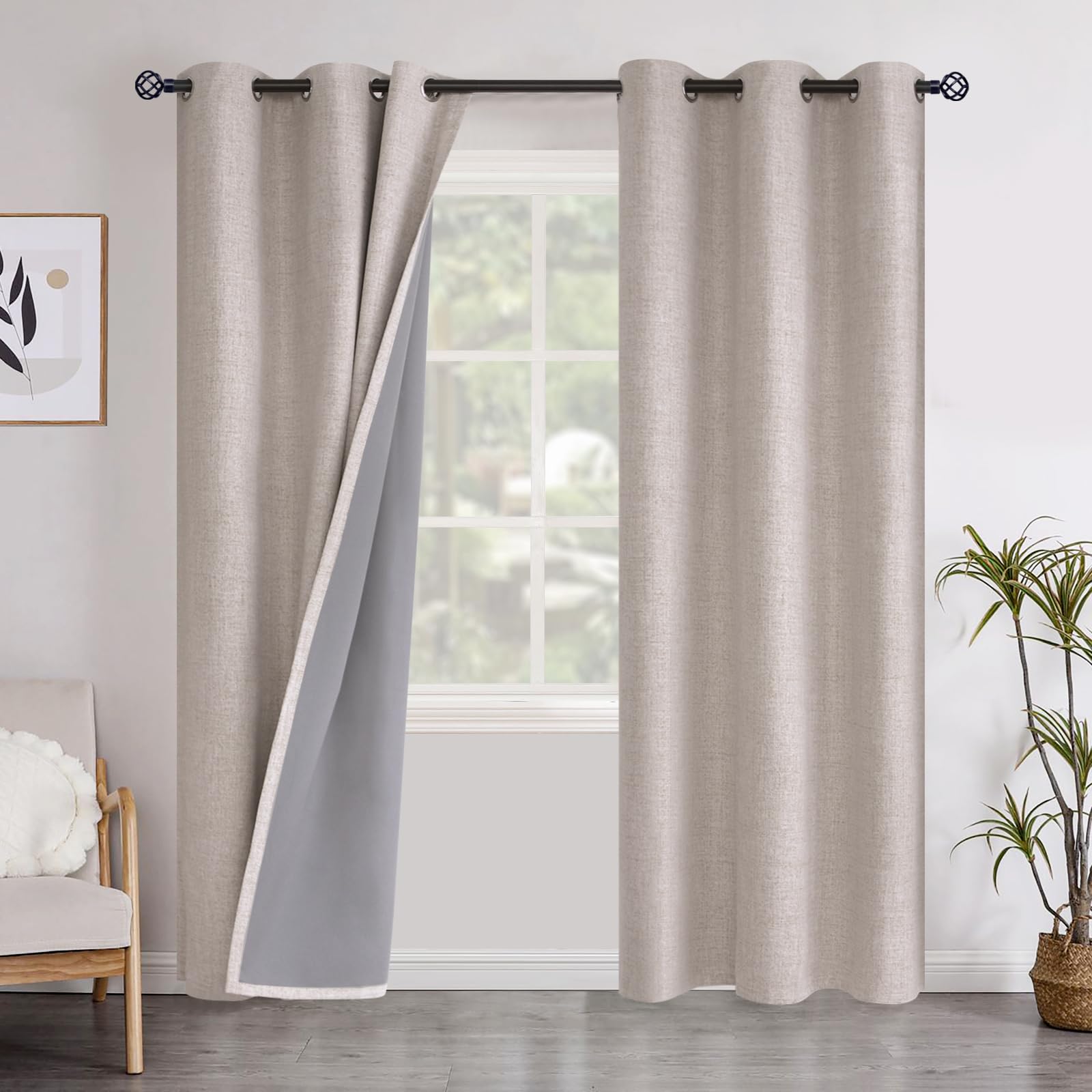 YoungsTex Linen Textured 100% Blackout Curtains for Bedroom 84 Inches Length, Grommet Thermal Insulated Linen Room Darkening Curtains with Liner for Living Room, 2 Panels, 42 X 84 Inch, Beige — image 1