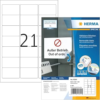HERMA 10301 Universal Etiketten ablösbar, 100 Blatt, 63,5 x 38,1 mm, 21 pro A4 Bogen, 2100 Stück, selbstklebend, bedruckbar, matt, blanko Papier Klebeetiketten Aufkleber, weiß