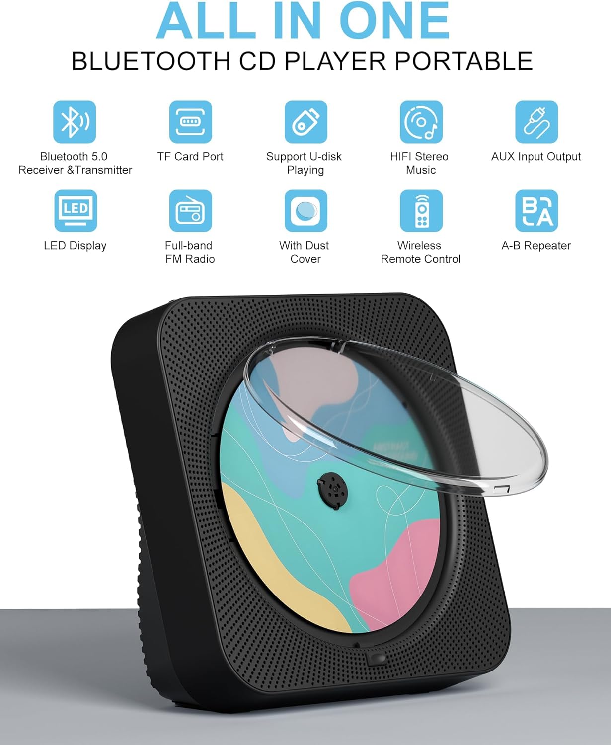 CD Player Portable with Bluetooth 5.1Desktop CD Player with HiFi Sound Speakers,Remote Control,Dust Cover,LED Display,Boombox FM Radio,USB/AUX for Home (Black)