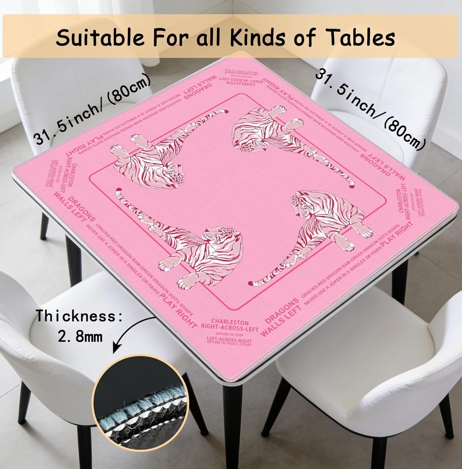 Cute Pink Tiger Mahjong Mat 31.5 x 31.5 Inch, Preppy Pink Aesthetic Tiger Non-Slip Noise Reduction Mahjong Table Mat for American Mah Jong Poker Card Board Games Dominoes