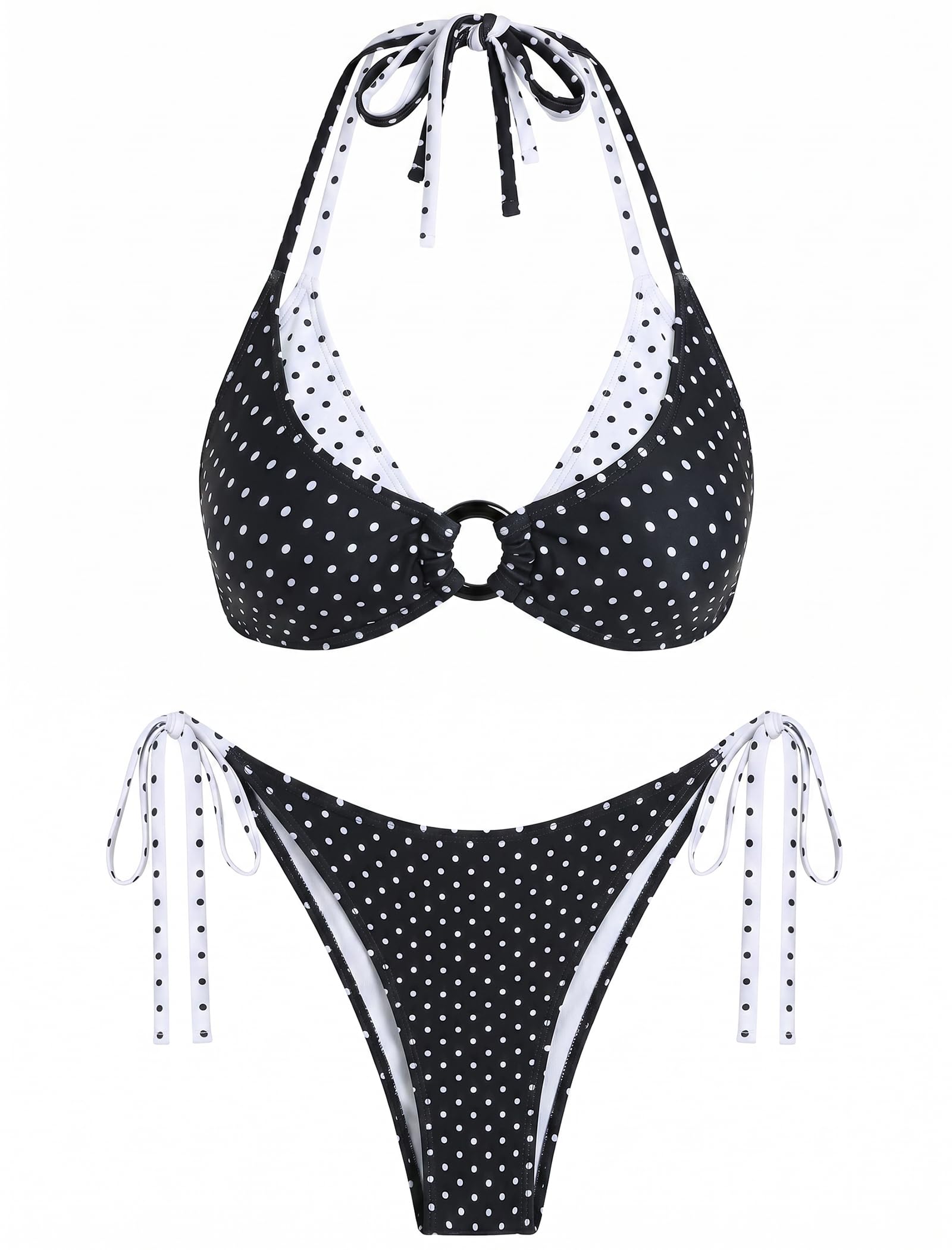 Photo 1 of [Only Top, Missing Bottom] ZAFUL Women Double Layer Bikini Set Halter O Ring Color Block Swimsuit Side Tie Two Piece Bathing Suit