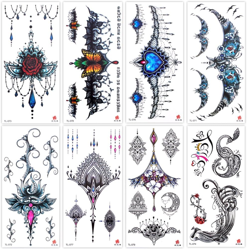 Lady Up 8 Sheets Temporary Tattoos for Women Girls Adult Fantasy Fake Tattoos Body Art Gothic Dark Style Rose and Jewels for Halloween Festival Carnival Party