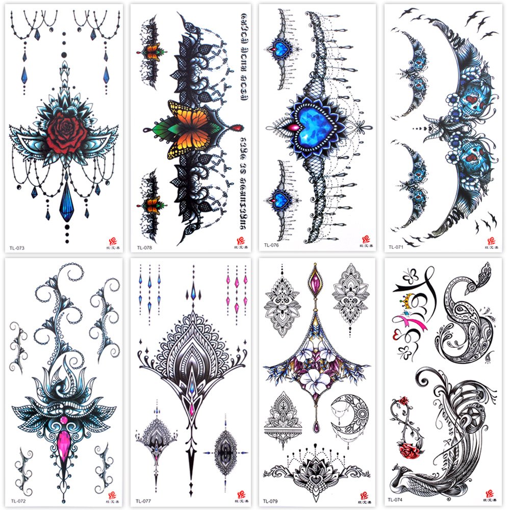 Lady Up 8 Sheets Temporary Tattoos for Women Girls Adult Fantasy Fake Tattoos Body Art Gothic Dark Style Rose and Jewels for Halloween Festival Carnival Party