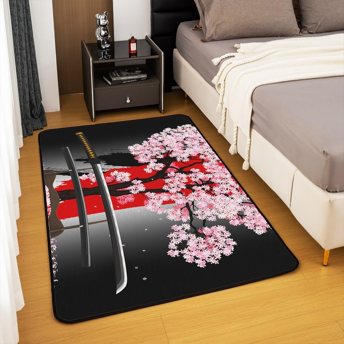 Erosebridal Japanese Style Black Red Area Rug 5x7,Pink Cherry Blossoms Carpet for Kids Teens Youth Adults,Samurai Mask Sword Accent Rug Set Non Shedding Washable Bedroom Living Room Bedside