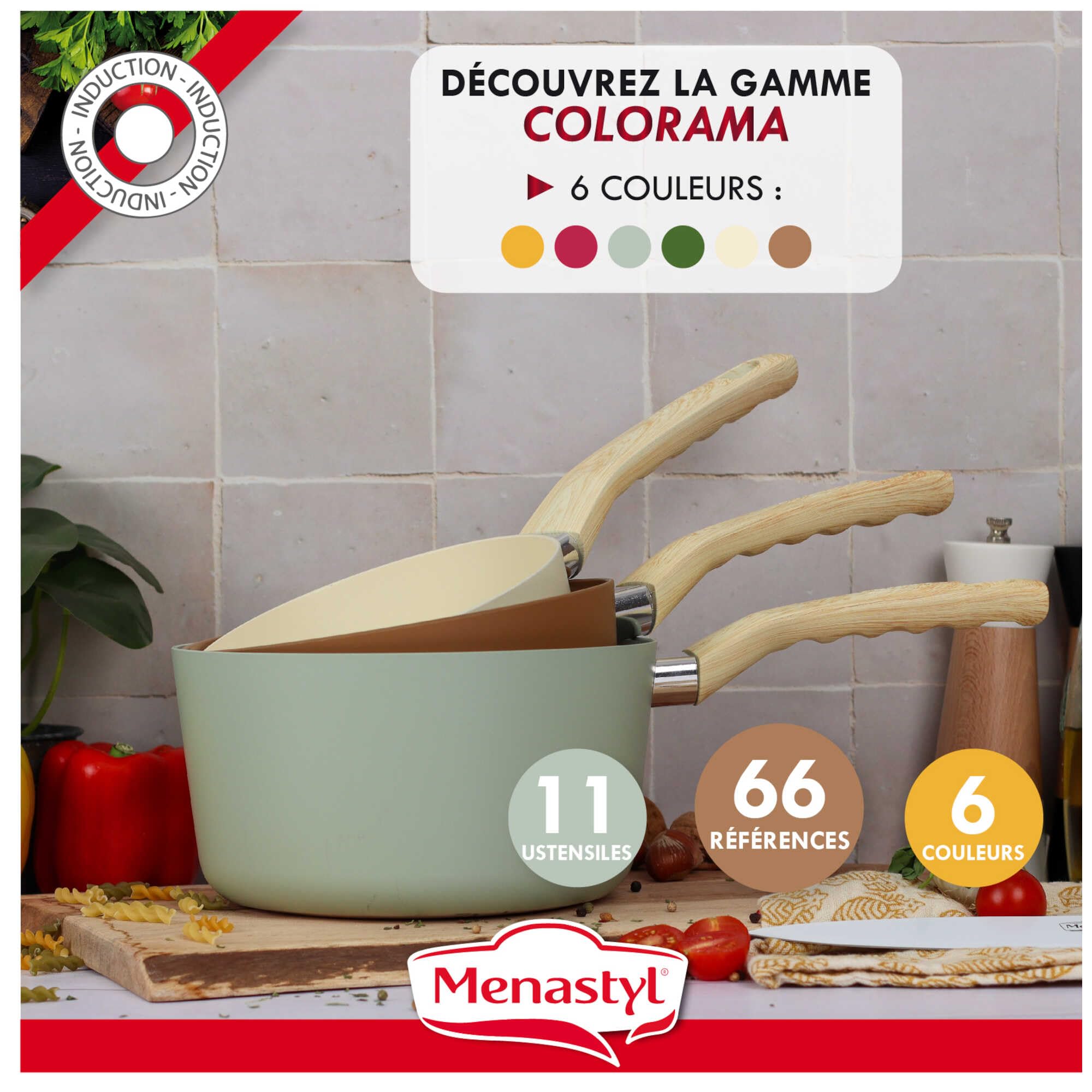 MENASTYL - Lot de 3 casseroles 16/18/20cm avec revêtement antiadhésif céramique (Sans PFAS/Sans PTFE) tous feux dont induction - En Aluminium - Gamme Colorama - Céladon - 6014165