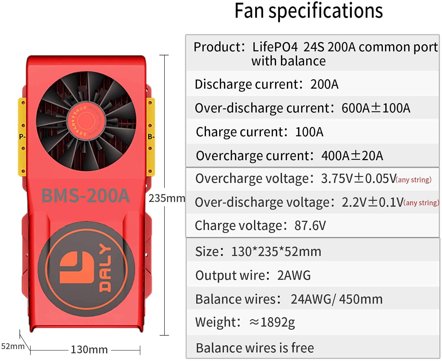 DALY BMS Fan Specifications and Wiring Instructions Manual