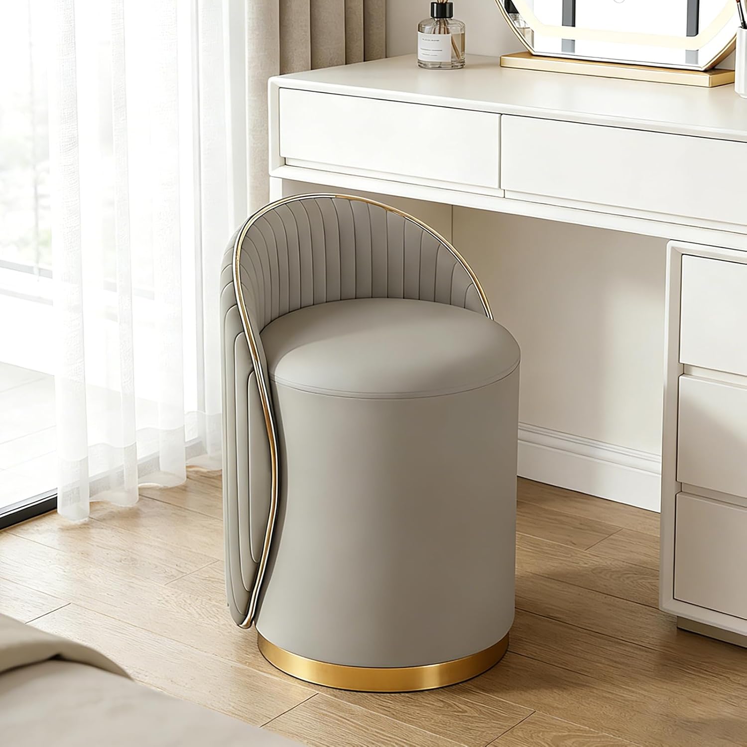 Makeup Stool with Back, 360° Swivel Vanity Chair with Wave Backrest, No Assembly Modern Vanity Stool Chair, Ottoman Chair for Bedroom, Dressing Table, Living Room, Supports 400lbs (Beige)