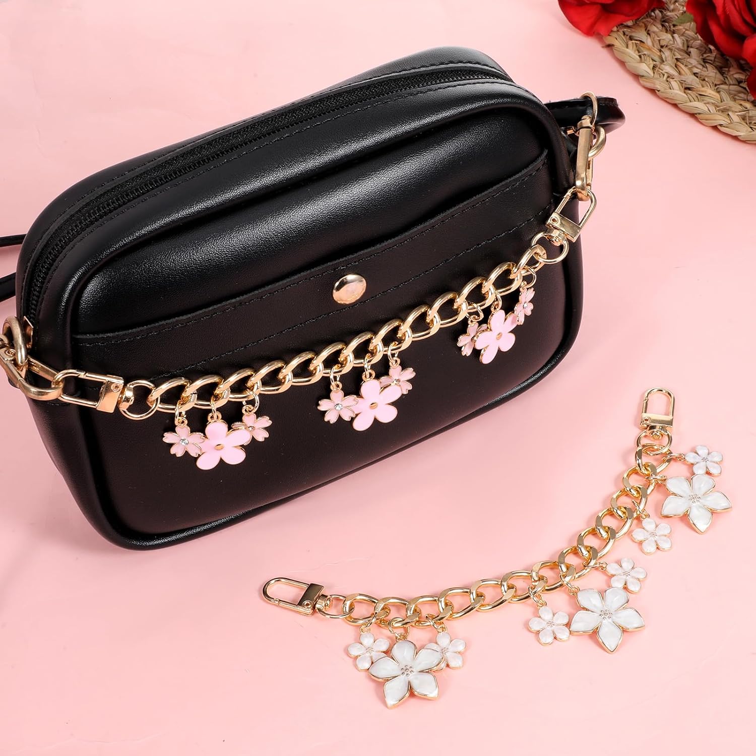 2 PCS Pink Flower Bag Charm Chain, 8 Inch Flower Purse Charm, Pink Bag Chain Charms for Handbags Wallet Crossbody Shoulder Bags - Image 5