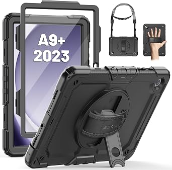 SEYMAC Case for Samsung Galaxy Tab A9 Plus 11 inch 2023, Shockproof Protective Galaxy A9 Plus Tablet Case With Screen Protector/Hand Strap/Rotating Stand,SM-X210/SM-X216/SM-X218 Case, Black