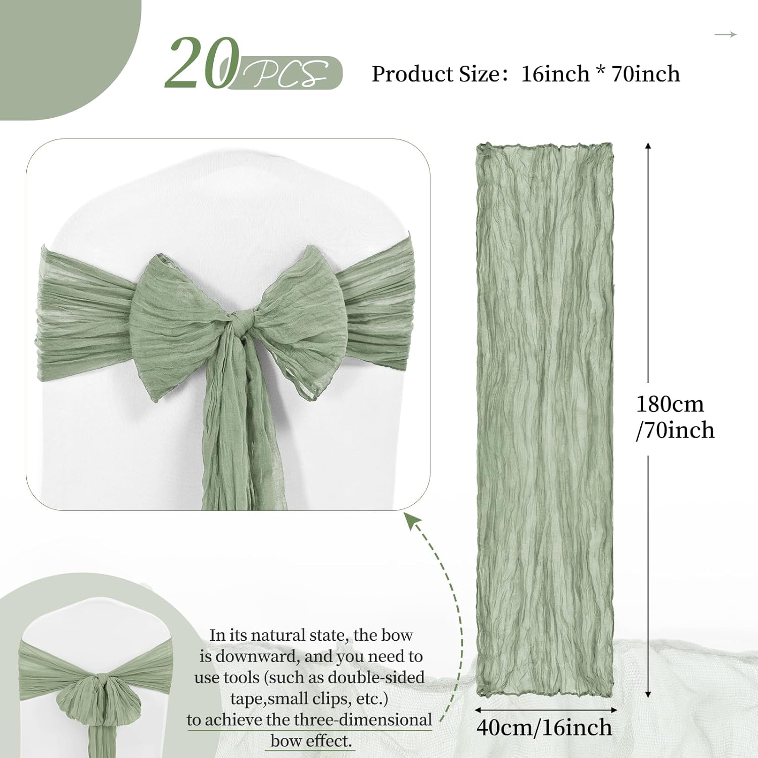 Showgeous 20 PCS Chair Sashes Cheesecloth Chair Sashes Rustic Chair Decorative Bows Designed Chair Cover for Wedding Banquet Party Aisle Home Kitchen Decoration (Sage Green, 16 x 70 inch)