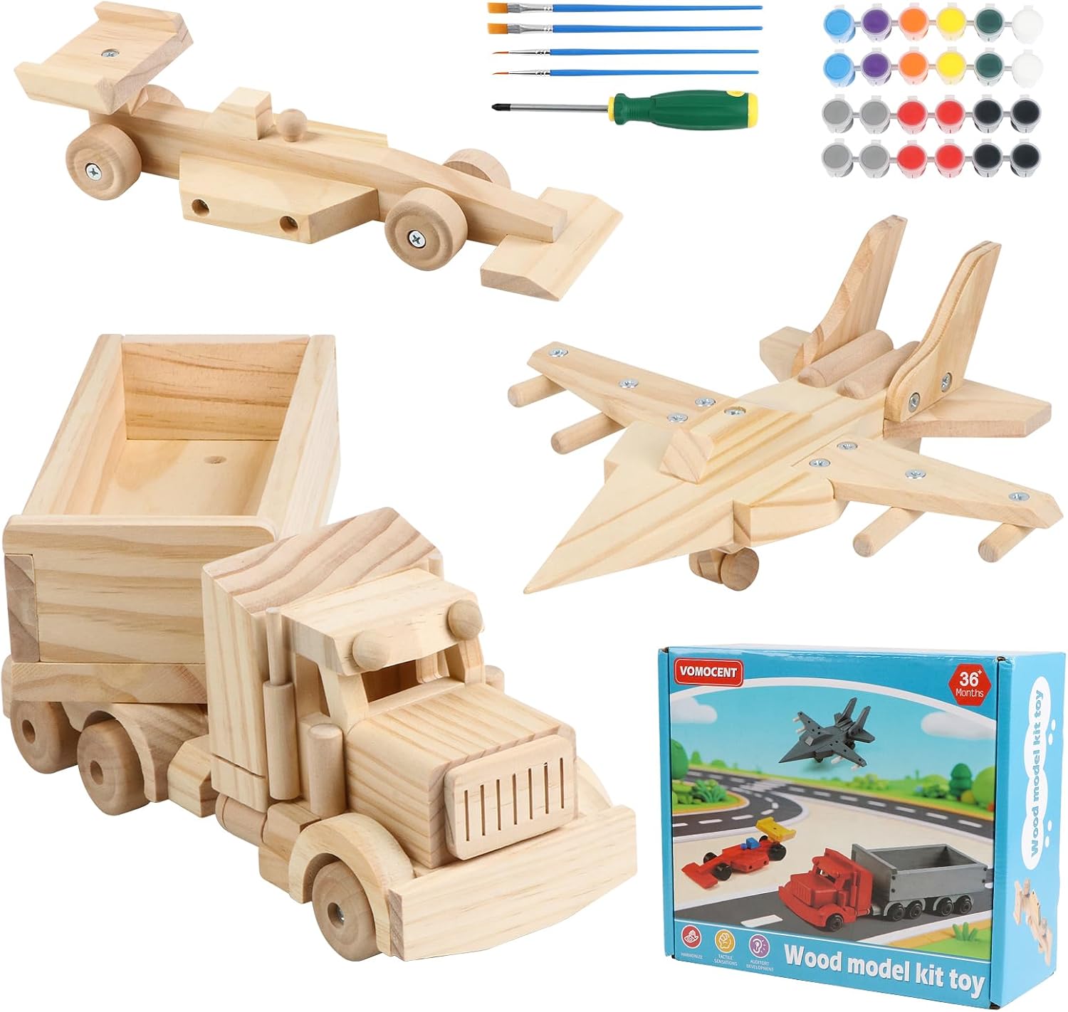 VOMOCNET 3 Pack DIY Wooden Model Building Kit, Includes Fighter Jet, Truck, Race Car, Paint Your Own Arts and Crafts, STEM Toys Birthday Gifts for Boys Girls