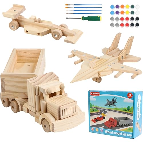 VOMOCNET 3 Pack DIY Wooden Model Building Kit, Includes Fighter Jet, Truck, Race Car, Paint Your Own Arts and Crafts, STEM Toys Birthday Gifts for Boys Girls
