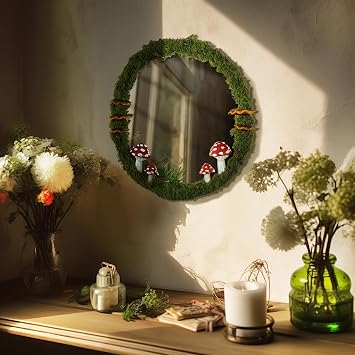 EVOLUX Wall Mirror Mushroom Decor Handmade Moss Round Hanging Mirror Cottage Core Wall Decor Room Decor Aesthetic11 Green,70-MGJ