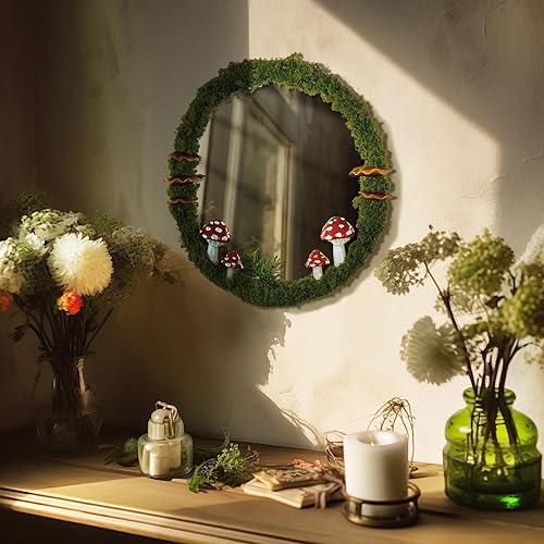 EVOLUX Wall Mirror Mushroom Decor Handmade Moss Round Hanging Mirror Cottage Core Wall Decor Room Decor Aesthetic(11'') Green,70-MGJ