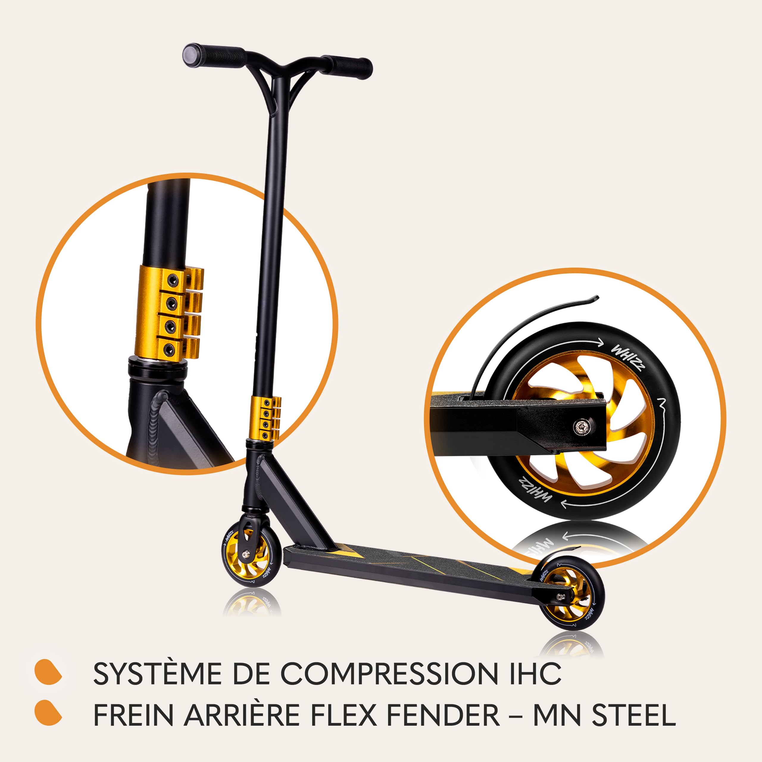 LIONELO Trottinette WHIZZ, roulements à Billes ABEC-9, Plateau en Aluminium, système de Compression HIC, Roues de 110 mm, Guidon Large en T, Frein Flex Fender MN Steel - Design Unique (Bleu)