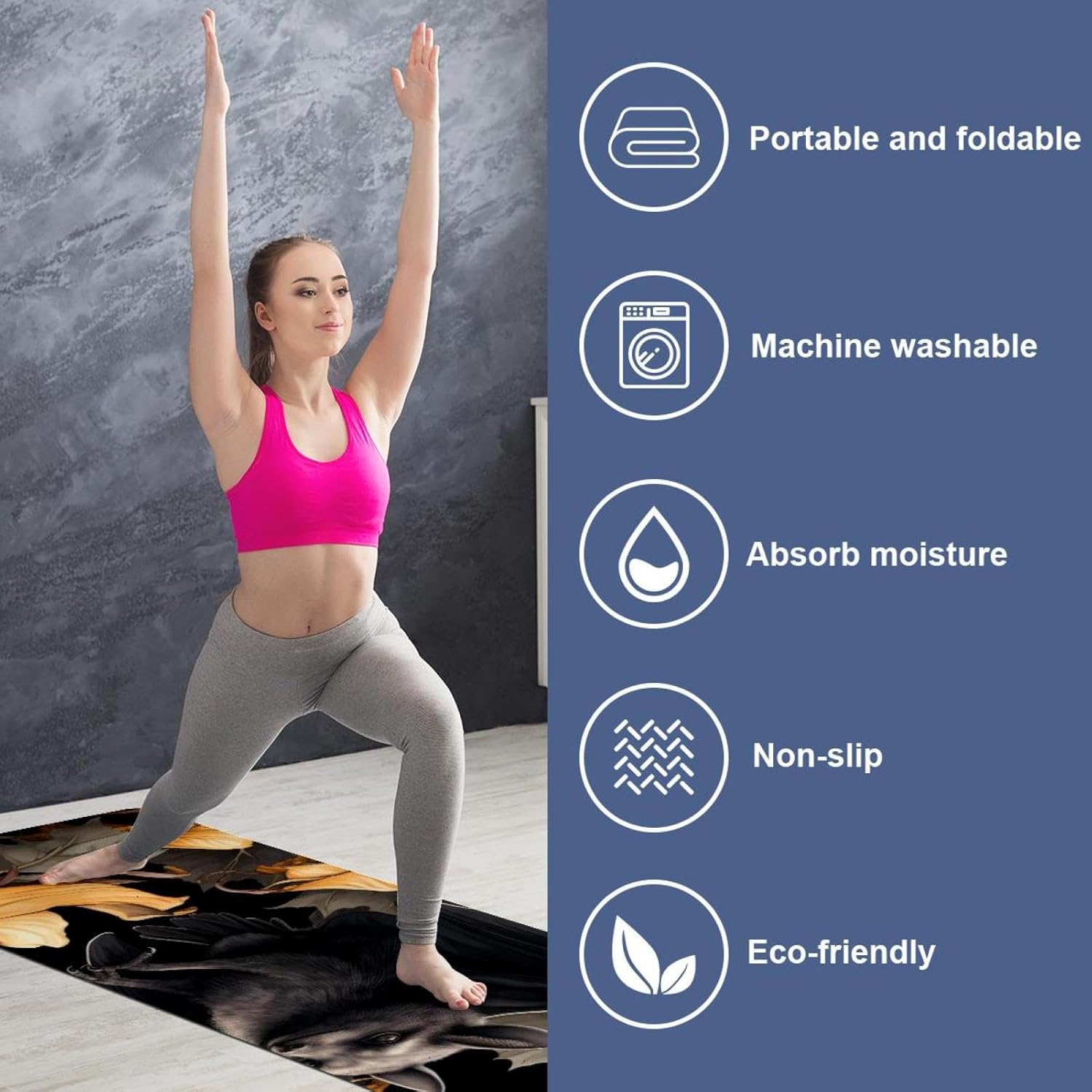 Yoga Towel, Bat Pattern Non Slip Sweat Absorbent Hot Yoga Mat Towel for Hot Yoga, Pilates and Fitness - 72.8" x 26.8"