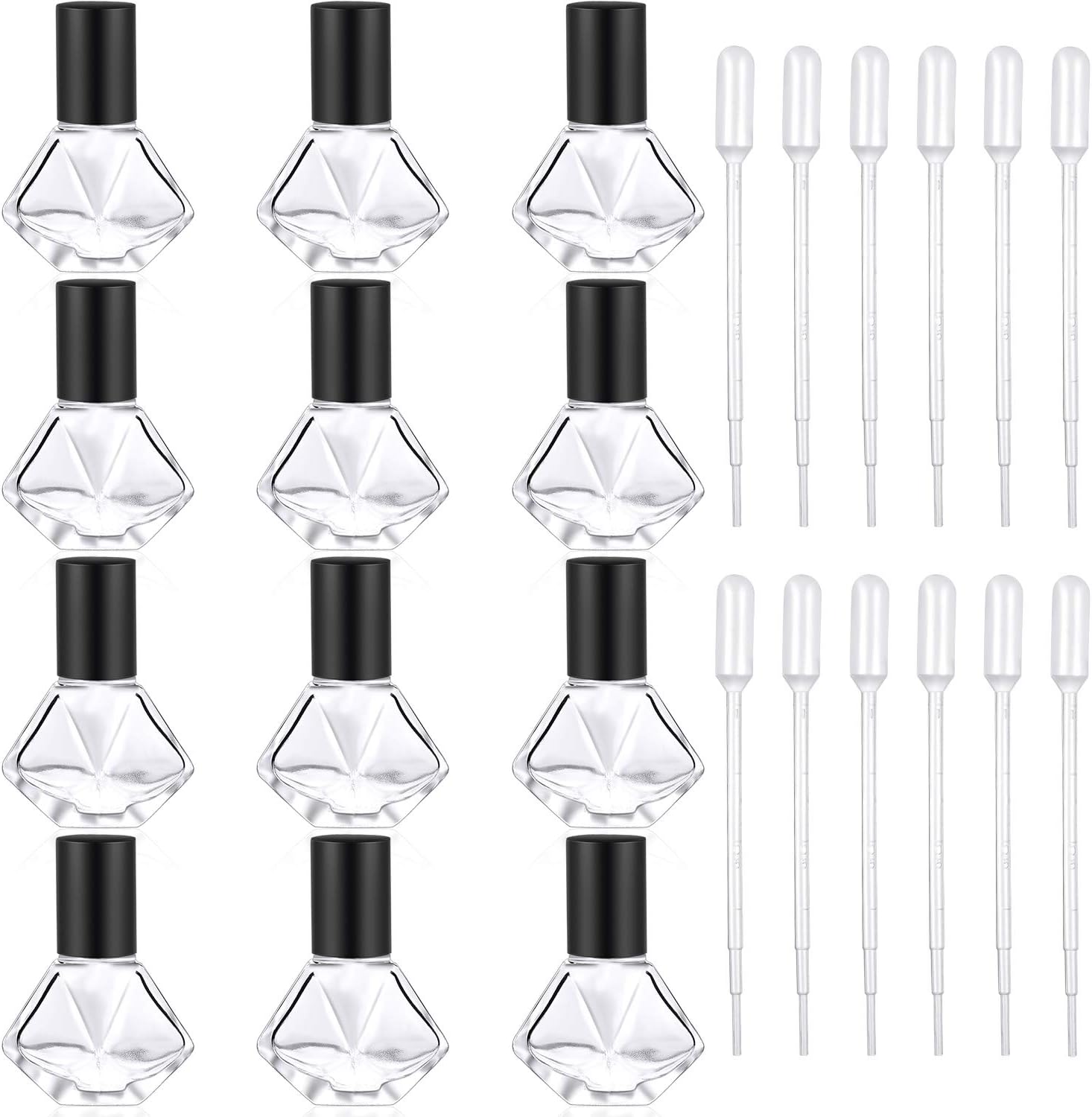 12 Pieces 8 ml (0.27 oz) Clear Roller Bottles DIY Essential Oil Roller Bottle Glass Cosmetic Containers and 12 Pieces Plastic Dropper for Essential Oils Perfumes Aromatherapy (Black)
